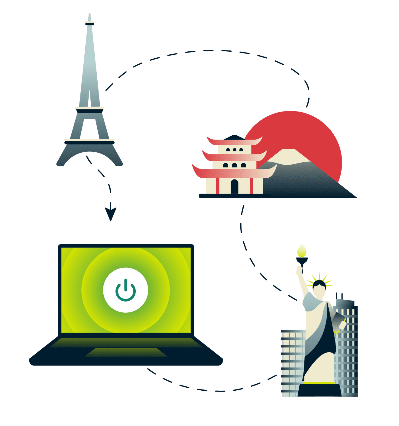 Torre Eiffel, Monte Fuji, Est&aacute;tua da Liberdade, e um computador conectado &agrave; VPN.
